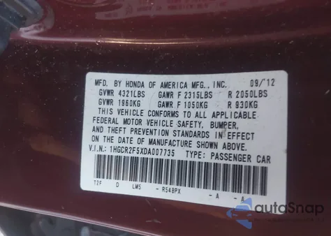 2013 Honda Accord Sport из США, поврежденный, VIN 1HGCR2F5XDA007735